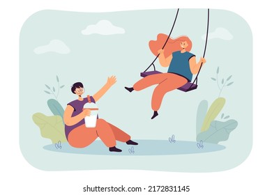 Girl swinging and talking with friend flat vector illustration. Girl sitting on ground, drinking milkshake and laughing. Friendship, fun concept for banner, website design or landing web page