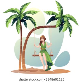 The girl swings on a beach swing on palm trees. Summer sunny illustration, resting woman in a dress. Summer time, relaxation, beach vibe. Cartoon style.