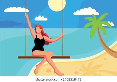 A girl swings on a swing on the beach. Take a vacation. Summer holidays illustration in flat style. The concept of a pleasant and comfortable stay. EPS10