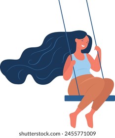 Una chica se balancea en un columpio. Mujer joven despreocupada y feliz se ríe mientras se sienta en un columpio de cuerda. Ilustración plana de Vector