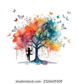 The girl swings on a swing on a rainbow tree. Dreams. Happy childhood. Joy and serenity. Vector illustration