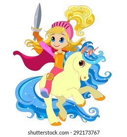 girl with a sword on a magical unicorn / horse / pony / foal. with wings, vector .  Element for design of cards, Baby toys, clothes and other products for children. Vector illustration. Isolated
