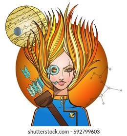 Girl symbolizes the zodiac sign Sagittarius. Color illustration with the image of women.