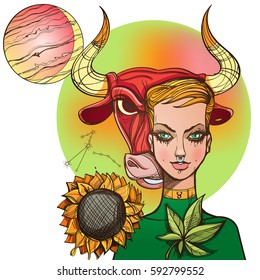 Girl symbolizes the zodiac sign Taurus. Color illustration with the image of women.