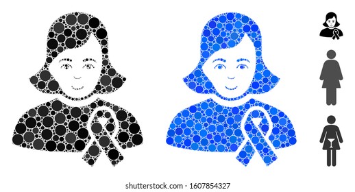 Girl with sympathy ribbon composition of small circles in different sizes and color tinges, based on girl with sympathy ribbon icon. Vector small circles are combined into blue collage.