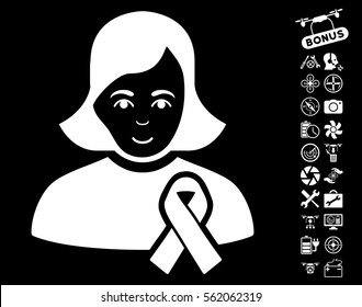 Girl With Sympathy Ribbon icon with bonus quadrocopter service clip art. Vector illustration style is flat iconic white symbols on black background.