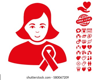 Girl With Sympathy Ribbon icon with bonus lovely pictograph collection. Vector illustration style is flat iconic red symbols on white background.