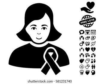 Girl With Sympathy Ribbon icon with bonus dating clip art. Vector illustration style is flat iconic black symbols on white background.