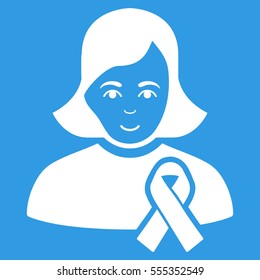 Girl With Sympathy Ribbon vector icon. Flat white symbol. Pictogram is isolated on a blue background. Designed for web and software interfaces.