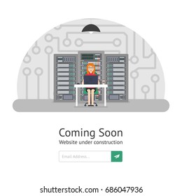 Girl system administrator. Website is under reconstruction. Website Template. Coming Soon. Vector illustration in modern flat style.