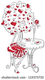 A girl at a table in a cafe. In love