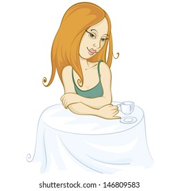 girl at the table with a cup of coffee