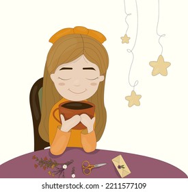 a girl at a table with a cup of hot tea in her hands