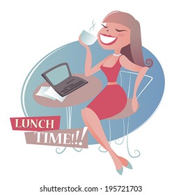 Girl at a table drinking coffee or tea. Vector illustration