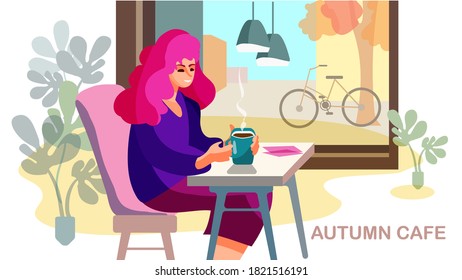 Girl at the table with a mug in a cafe in front of the window in a cafe in autumn. Vector illustration for a web page