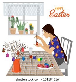 The girl at the table paints Easter eggs. Vector illustration isolated on a white background