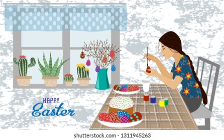 The girl at the table paints Easter eggs. Vector horizontal illustration isolated on a white background with text