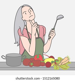 girl at the table with the products thinks what to cook. a housewife with a ladle in her hand looks up thoughtfully. Hand drawn style vector illustration design.