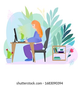 a girl at a table working at a computer with plants on a white background