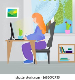 a girl at a table working at a computer in a room with a window