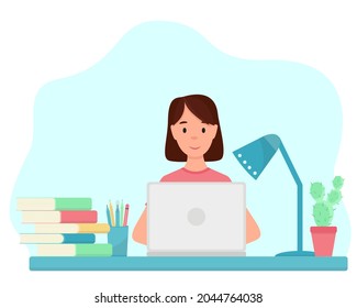 Girl at the table working on laptop vector flat illustration. Adult woman in office or education concept. Workplace with lamp, computer, books, stationery and cactus.
