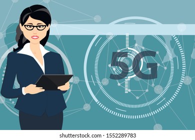 Girl with a tablet. 5g network connection symbol. Vector illustration
