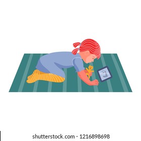 The girl with the tablet. The boy is watching cartoons. Internet addiction. Vector illustration. Flat style.