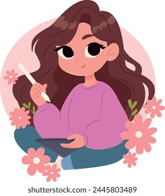 Girl with a tablet computer. Vector illustration in a flat style.