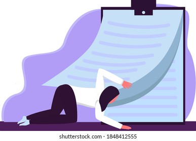 Girl and tablet for documents, the girl looks under the tablet for documents.Planning and to do list.Vector flat illustration.
