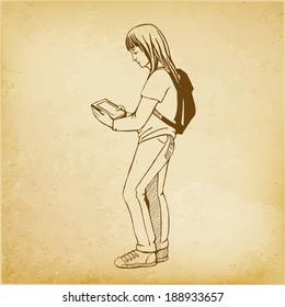 Girl with a tablet, hand drawing