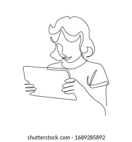 Girl with tablet in hands in continuous line art drawing style. Teen girl using tablet PC minimalist black linear sketch isolated on white background. Vector illustration