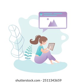 Muchacha con la PC de la tableta que se sienta en el parque, freelancer femenino con el gadget, redes sociales, diseño en estilo de moda, lugar de trabajo al aire libre, Ilustración vectorial plana