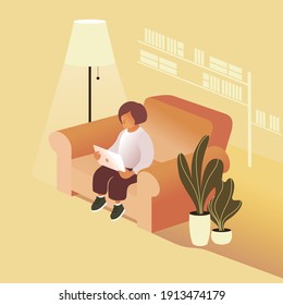 Girl with a tablet sitting in a chair under a lamp. Isometric vector illustration.