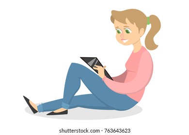 Girl with tablet sitting and working or reading.