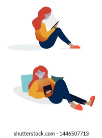 Girl with  tablet. Vector illustration.
