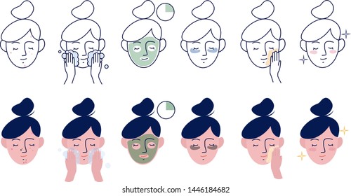 Girl take care about her face. Instructions for facial care. Step by Step Instruction How To Use Cosmetic Mask. Set of linear and flat vector illustration