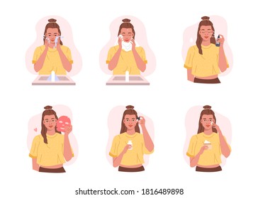 Girl Take Care of her Face and doing Beauty Routine Skincare Procedures. Adorable Woman Washing Face, Applying Facial |Mask, Serum and Moisturizing Cream. Flat Cartoon Vector Illustration.
