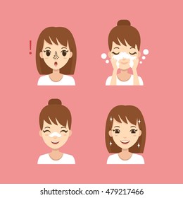 Girl take care of her face. Blackheads treatment procedure. Vector illustration.