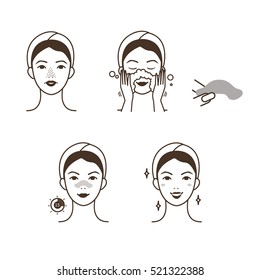 Girl take care of her face. Blackheads treatment procedure with blackhead patch. Vector illustration.