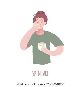 Girl take care of skin and applying cosmetics on face. Young woman using natural cream and moisturizing skin. Self care bedtime routine concept.  Hand drawn vector illustration in flat style.