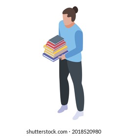 Girl take library book stack icon. Isometric of girl take library book stack vector icon for web design isolated on white background