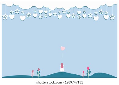 The girl take note bind on heart balloon to the sky with valentine theme background illustration vector