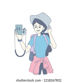 Girl take a photo. character design of vector. doodle art style.