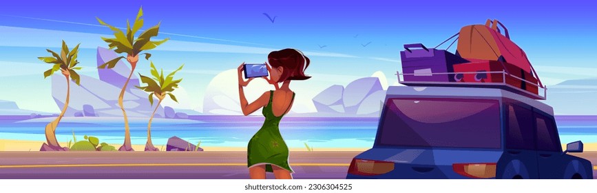 Girl take photo on beach road near car in summer vacation. Sea coastal trip holiday adventure cartoon background illustration. Woman character in beautiful bay shore with luggage on vehicle roof