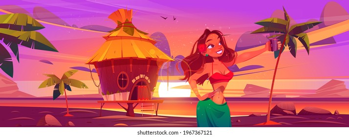 Girl take selfie on background of bungalow, sea and sunset. Vector cartoon illustration of woman taking self photo on phone camera on ocean beach with resort wooden house and palm trees