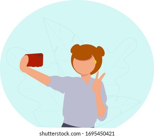 Mädchen nehmen ein Selfie auf dem roten Telefon auf der Hand. Flache Grafiken, Draufsicht, Vektorillustration auf blauem Hintergrund mit Pflanzen.
