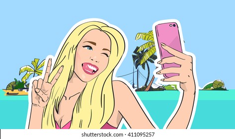 Girl Take Selfie Photo Beach Cell Smart Phone Tropical Island Summer Vacation Vector Illustration