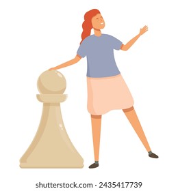 Girl take white pawn icon cartoon vector. Brain strategy art. Cute toy chessboard