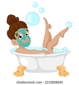 The girl takes a bath. Cute vector illustration on white background isolate. A young woman is taking a bubble bath. Girl makes a face mask
