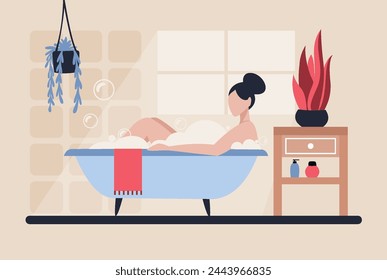 Girl takes a bath with foam.